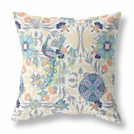 PALACEDESIGNS 18 in. Peacock Indoor & Outdoor Zip Throw Pillow Off-White & Gray PA3099881